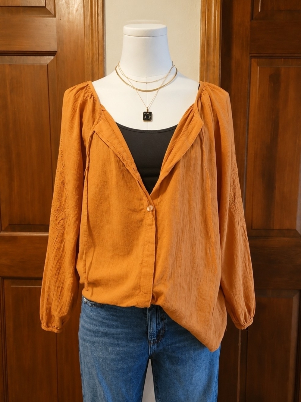 Massimo Dutti Burnt Orange Button-Front Peasant Blouse